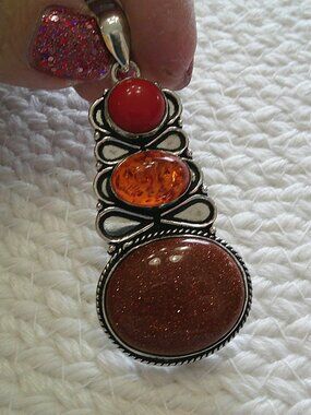 Gorgeous SUNSTONE, AMBER & RED CORAL Handmade Sterling 925 Pendant/Chain #435E